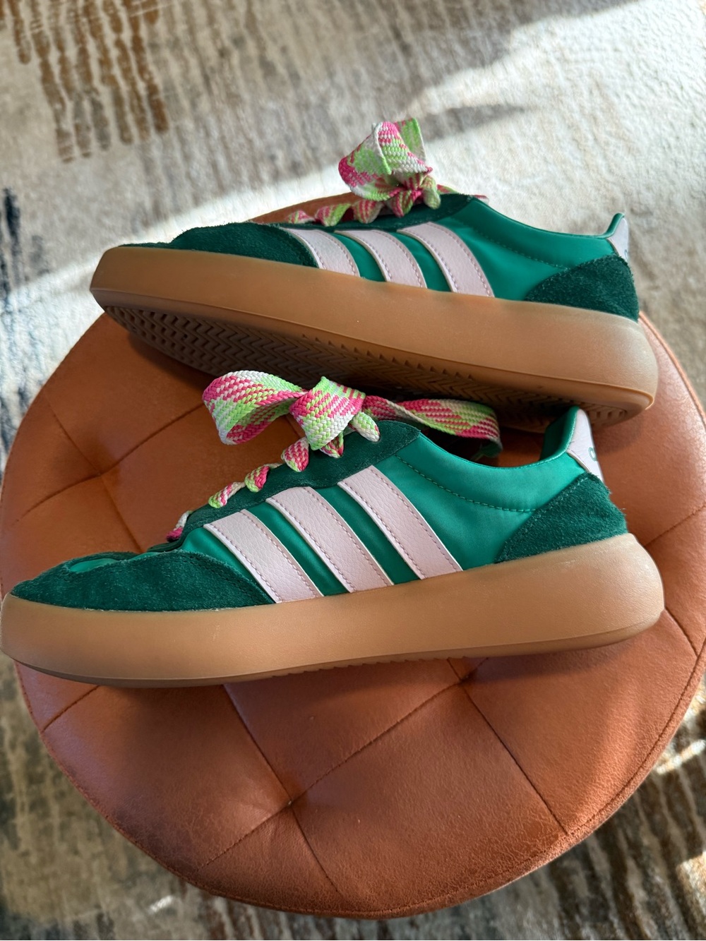 adidas Green Suede & Mesh Athletic Sneakers with Pink/Green Laces - Picture 4 of 8